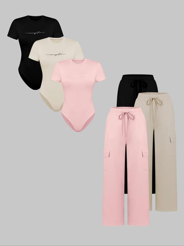 Women's Knit Letter Print Two-Piece Set, Casual Fitted Short Sleeve Jumpsuit & Long Pants, All Seasons Fashion