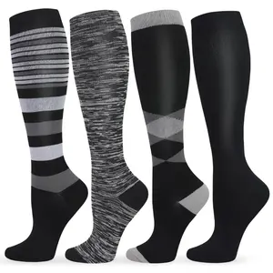 ISUNIE 4 Pairs Compression Socks for Women & Men, Fashionable Knee-High Socks for Walking, All Seasons, Unisex, Support Sock