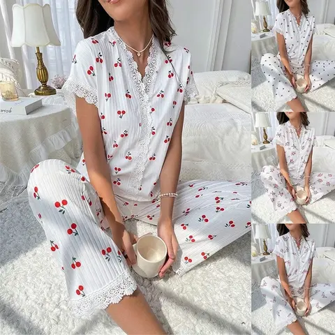 PHEFEE Women's 2-Piece Aesthetic Pajama Set - Stretchy, Lightweight, Comfy, Breathable Polyester Short-Sleeve V-Neck Lace Trim Top, Long Pants Loungewear with Cherry & Butterfly Prints for Women