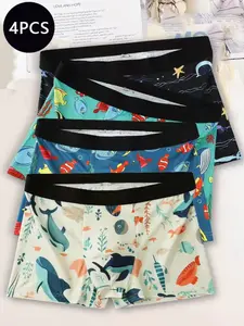 Men's Trendy Printed Underwear, 4 Pack Comfortable Sports Briefs, Creative Print Men's Square Panties, Daily Wear Training Shorts