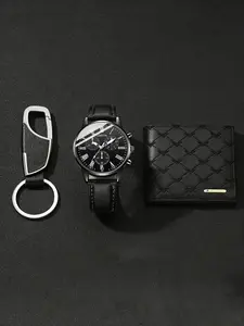 Men's PU Leather Quartz Watch Set with Wallet Keychain, Key Fob, Round Analog Dial, Casual Style, Perfect Gift for Husband, All Seasons