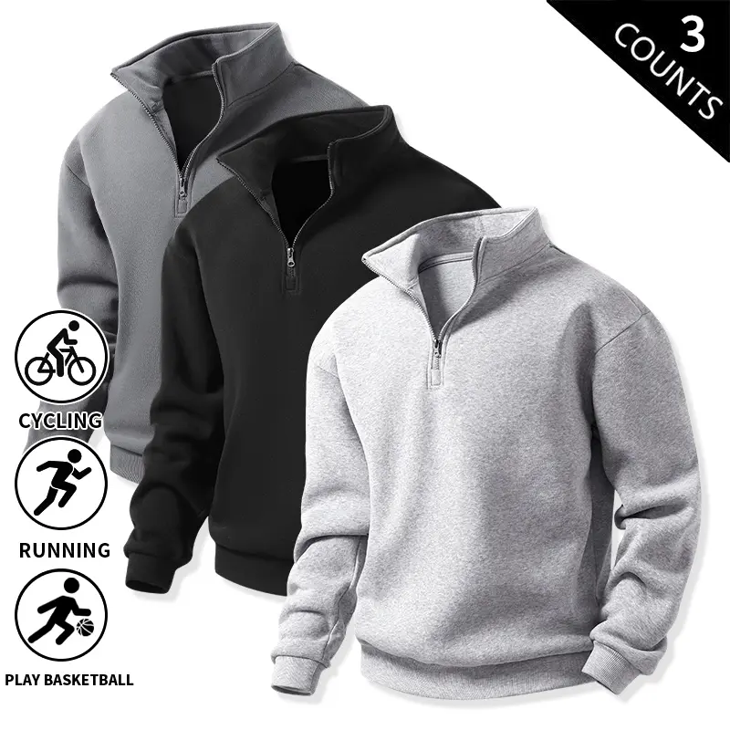 3-Pack Men’s Quarter-Zip Pullover Sweatshirts, Soft Fleece Stand-Collar Half-Zip Sweatshirt, Loose-Fit Athletic Long-Sleeve Tops
