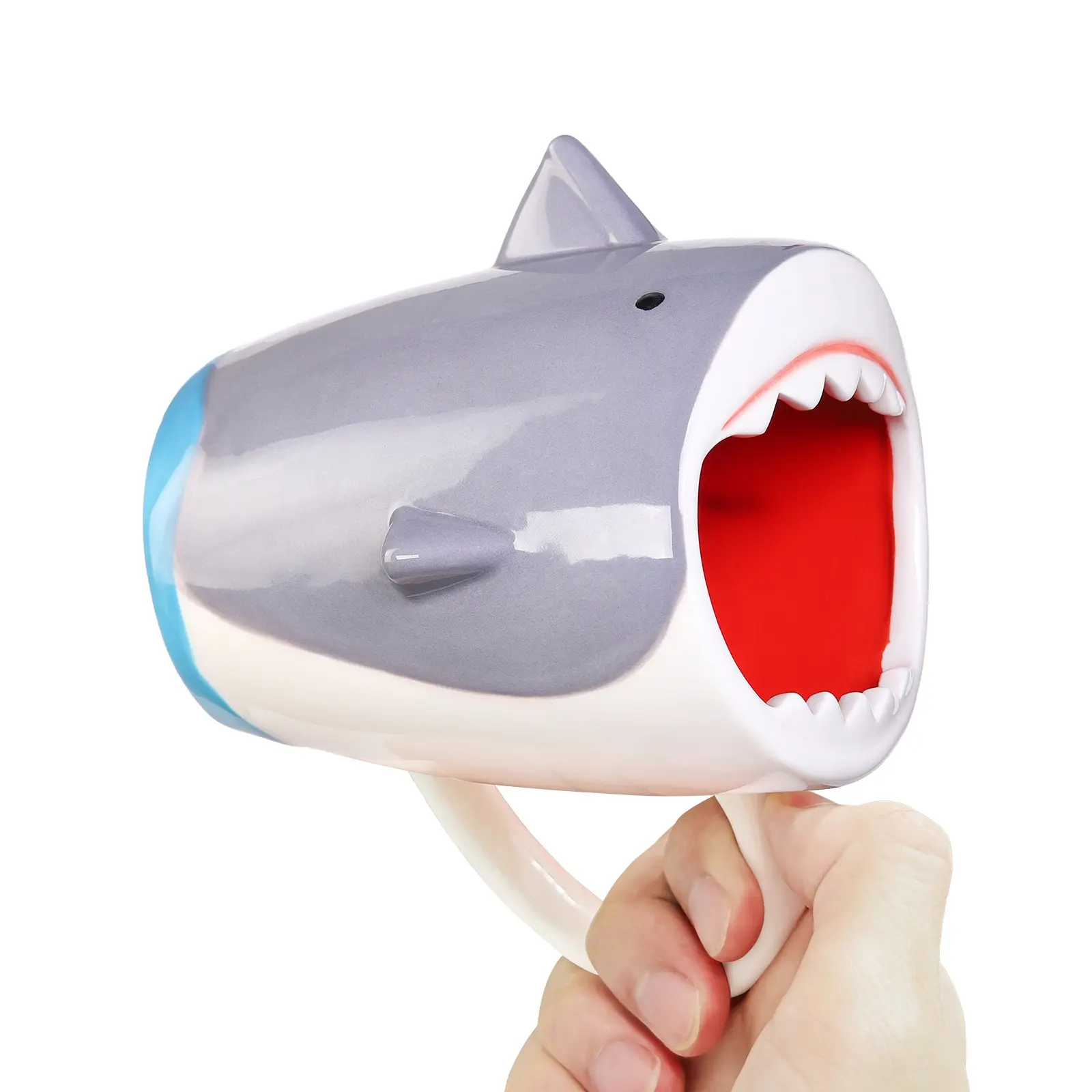 13.5 oz Funny 3D Shark Ceramic Coffee Mug, Cute Gray White Cartoon Handmade Figurine Tea Cup Novelty Coffee Cup with Handle for Shark Lovers Holiday Birthday Gifts for Women Men Mom Dad