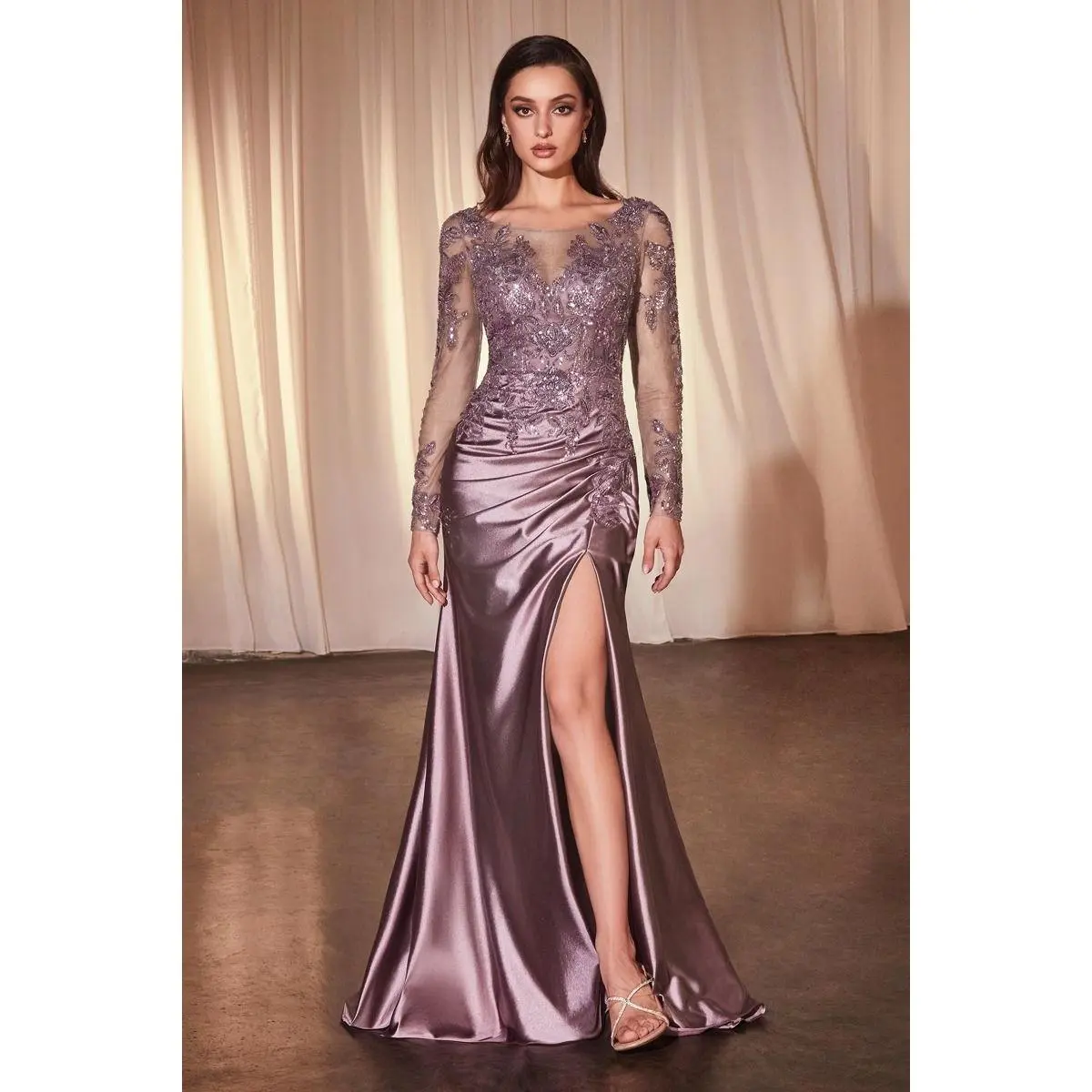 Cinderella Divine -CDS505 Lace Applique Satin Sheath Dress