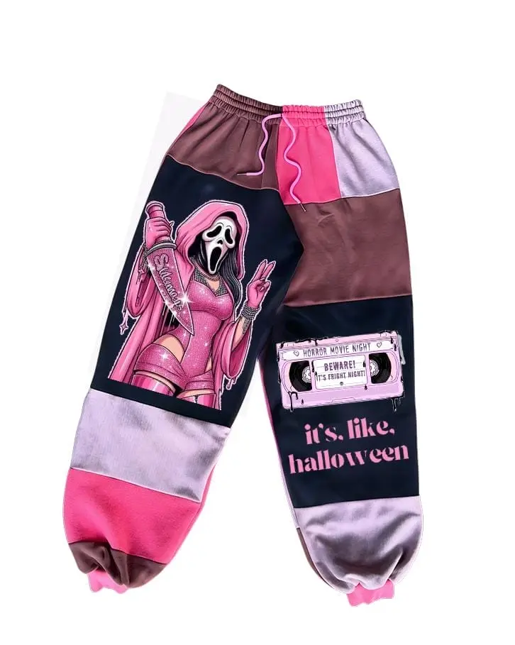 Pink Spooky Mask Girl Halloween Sweatpants, Horror Patchwork Jogger Pants, Movie Night Streetwear Pants, Fall Winter Pants, For Men & Women, Gift For Horror Fans