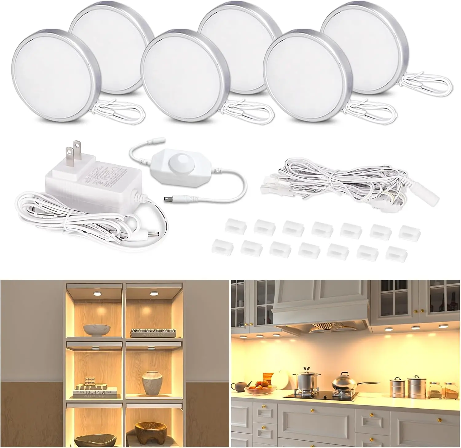LED Puck Lights Plug in, Under Cabinet Lighting with Switch, Dimmable Under Counter Lighting for Shelf, Closet, Cupboard, Bookcase, Display, Super Bright, 2700K Warm White, 6 Pack