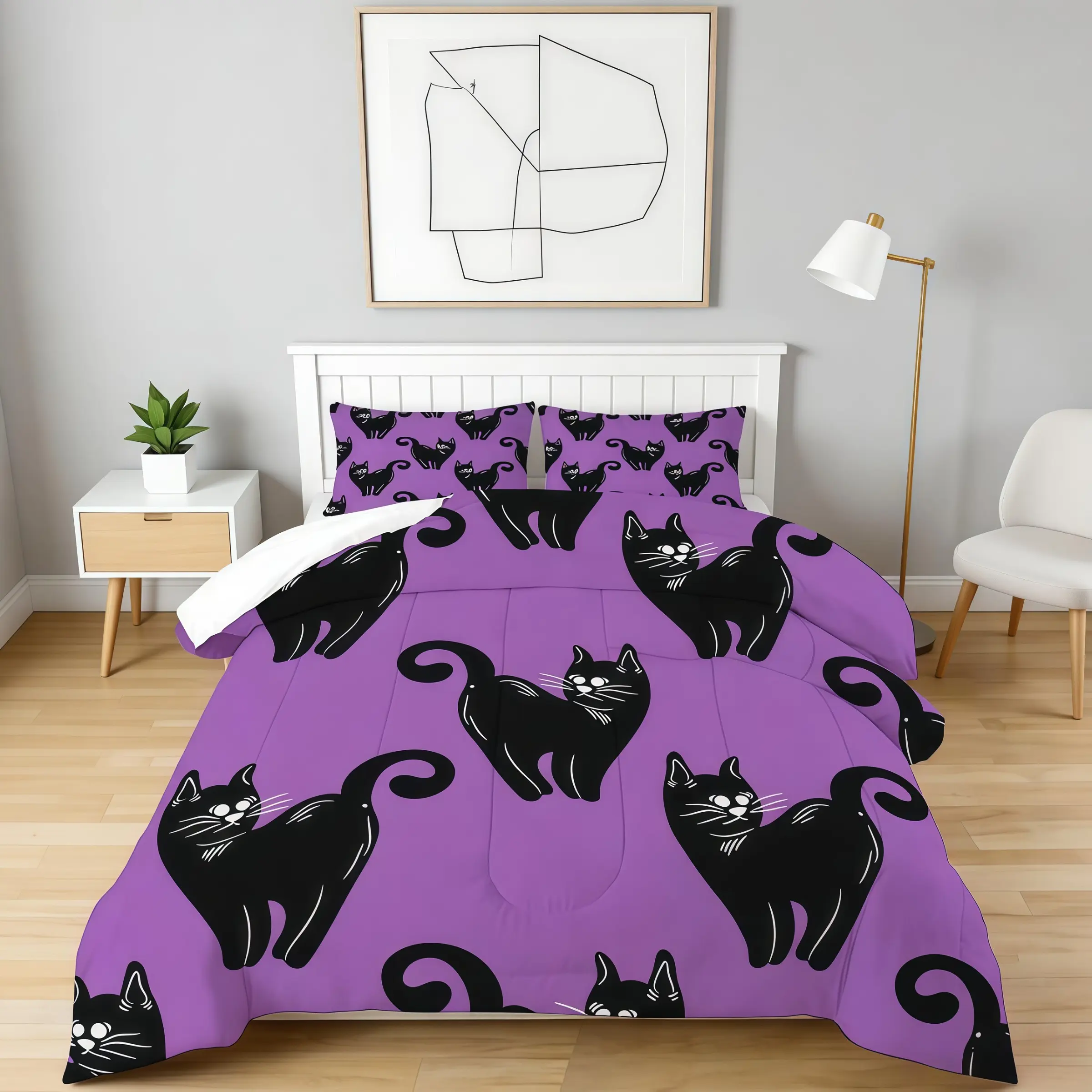 Cute Black Cat Pattern Comforter Set, Fun Cat Print Bedding Set (1 Comforter + 1/2 Pillow Case, No Pillow Core), Suitable For Bedroom, Dormitory And Guest Room Decoration For Teenagers And Adults
