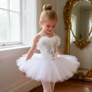 Girls White Swan Ballet Tutu Dress,White Feather Trim Dance Dress Costume