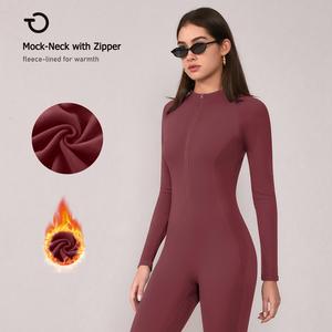 TIMEOFF Women's Long-Sleeve Fleece-Lined Zip-Up Mock-Neck Workout Jumpsuit - Stretchy, Cold-Resistant, Body-Sculpting Gym Clothing for Winter Yoga, Fitness