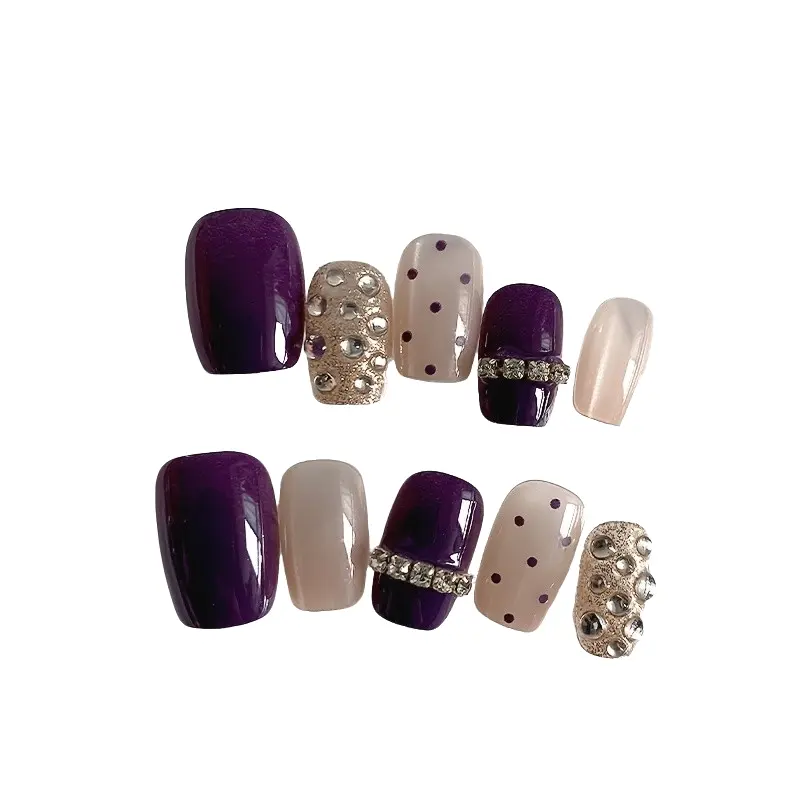 Press on Nails Set, Glossy Finish Nail Colors, Nude Transparent Color Blocking Design, Metal Drill Decorations & Tiny Polka Dots, DIY Nails