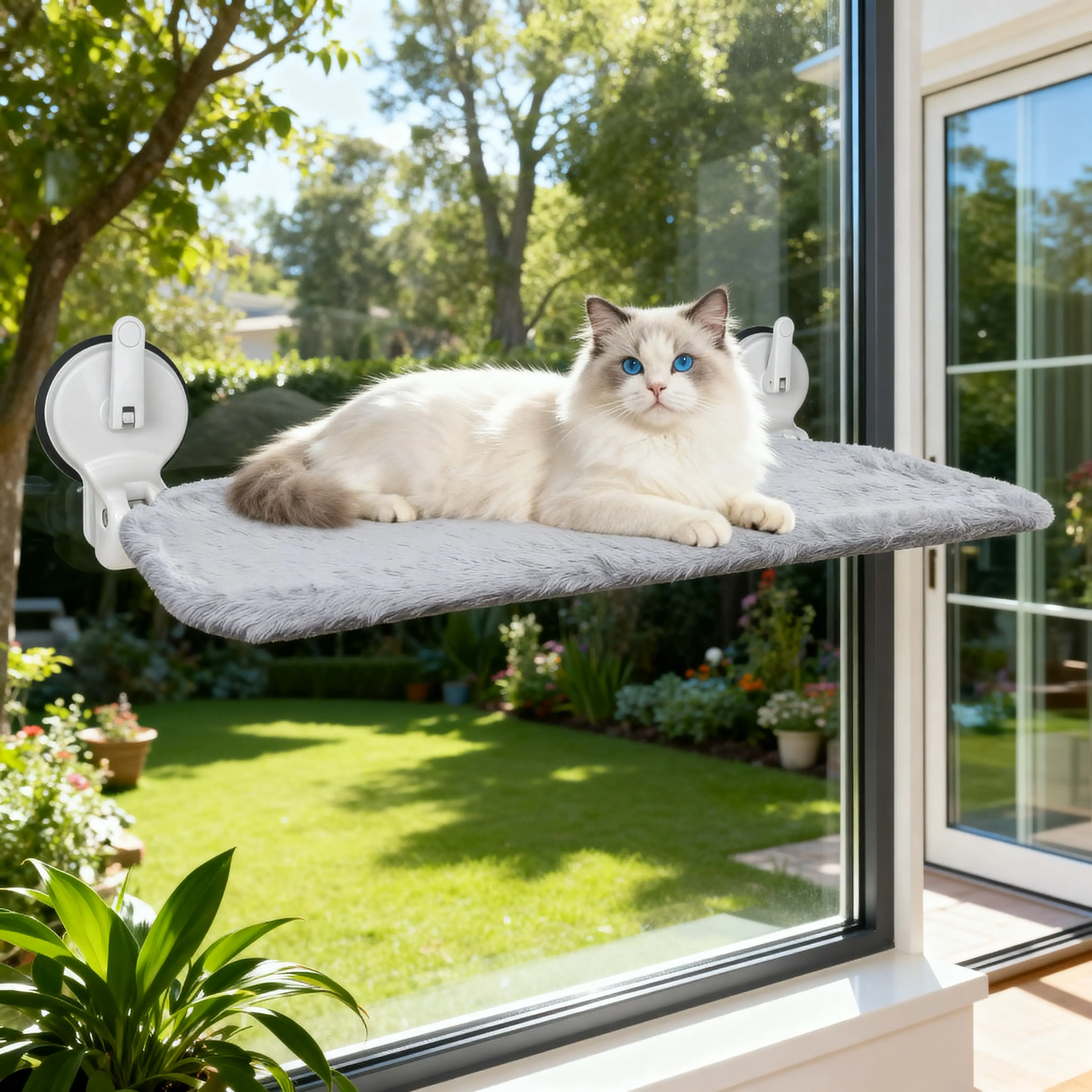 Cat Window Perch with Lever Lock Suction Cups, Holds up to 50 lbs, Heavy Duty Window Hammock for Large Cats, Foldable & Space Saving Design