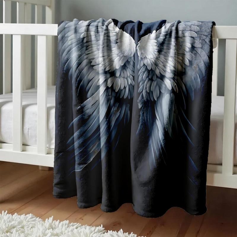 1 piece White angel wings beautiful feather design themed flannel blanket - Oversized fluffy warm sofa blanket, suitable for beds and sofas, modern geometric pattern design, all-season use, digital printing, 100% polyester material, machine