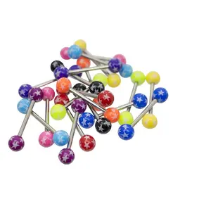 20 Pack of Acrylic Star Design Tongue Barbells, Assorted Colors, 14ga