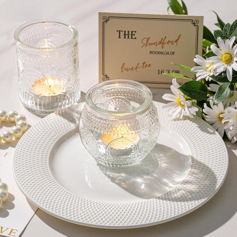 24-Piece Sunflower-Patterned Candle Glass Holder Set in Transparent/ Blue/ Amber/ Green Colors, Featuring 12 Round Cups and 12 Textured Cups, Suitable for Wedding, Party, Home