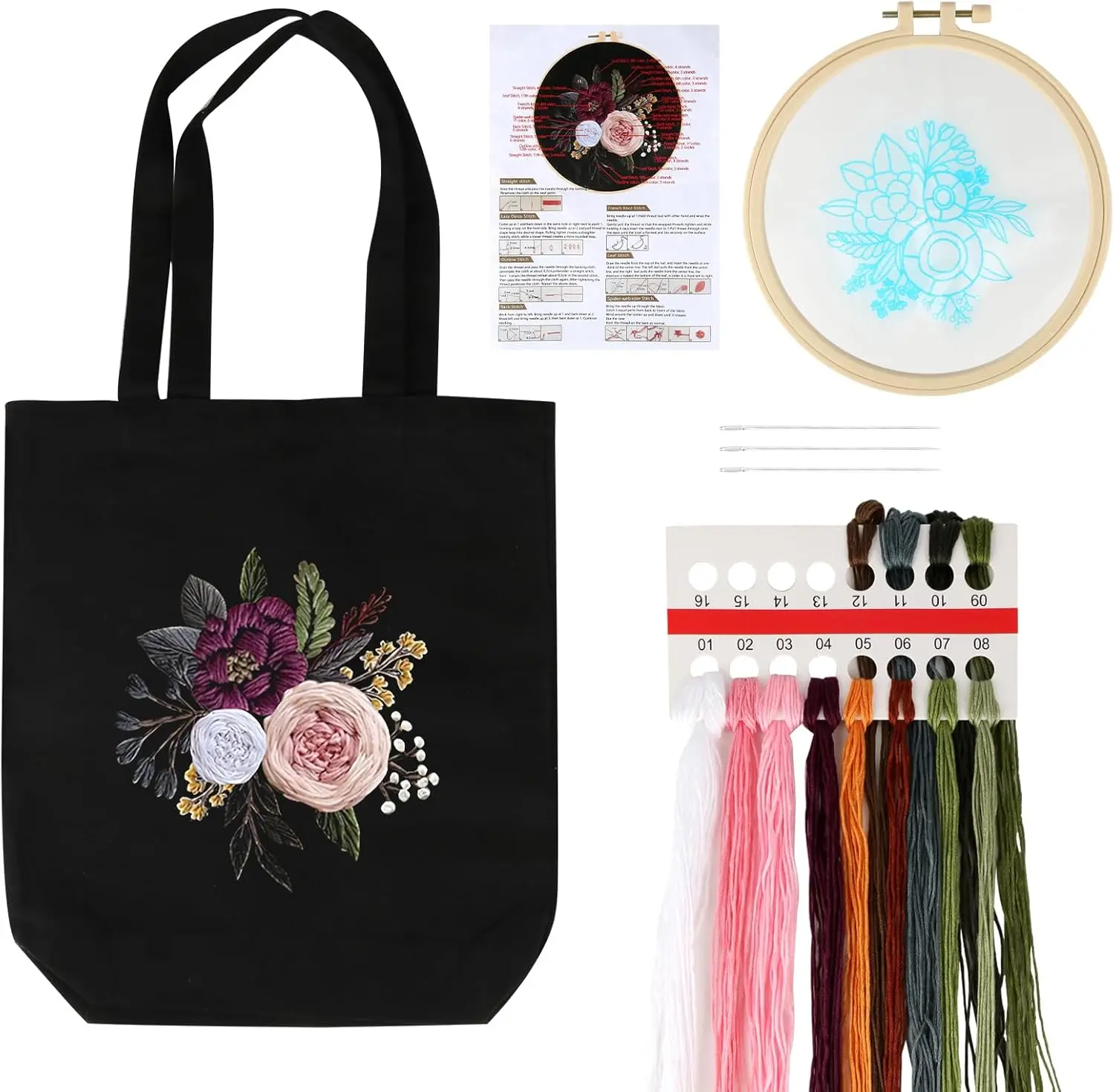 1 Set Embroidery Kit for Beginners Includes Canvas Bag with Floral Pattern,Instructions,Embroidery Hoop,Colour Threads and Needle Creative Set,DIY Hand Tools Kits