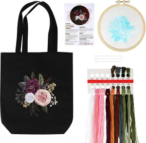 1 Set Embroidery Kit for Beginners Includes Canvas Bag with Floral Pattern,Instructions,Embroidery Hoop,Colour Threads and Needle Creative Set,DIY Hand Tools Kits