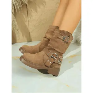 Ladies Polpaccio high-heeled knee riding boots, punk rock style motorcycle boots, multi-button design, durable and fashionable shoes