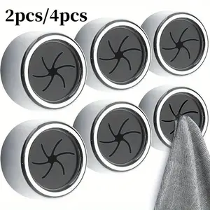 2/4pcs Kitchen Towel Hooks, Round Adhesive Bowl Towel Hangers, Chrome Finish, Easy Install Wall Mount Hand Towel Hooks, Ideal for Bathroom Shower Racks