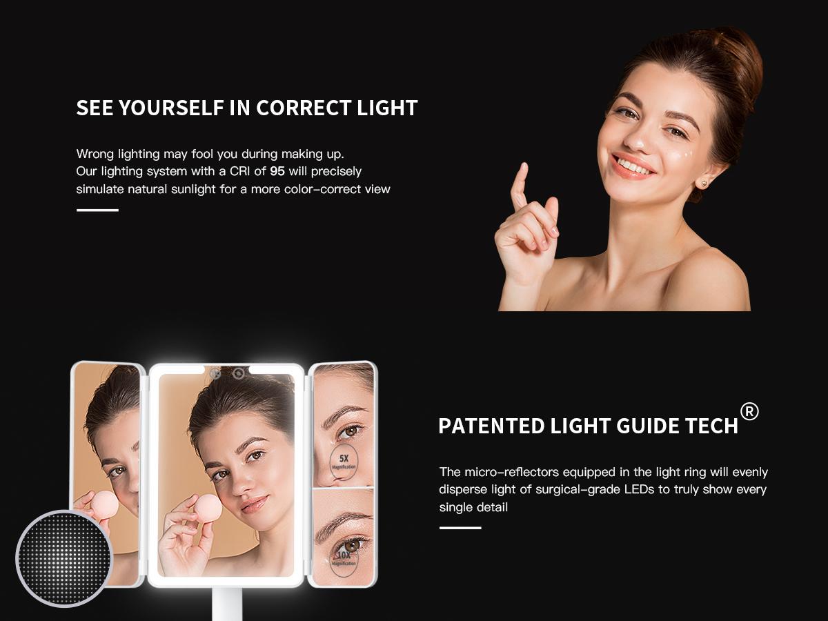BEAUTIFIVE Tri-fold Travel Makeup Mirror with 48 LED Lights, 1X/5X/10X Rechargeable Vanity Mirror with Light, Portable Magnifying Mirror with Light, Stepless Dimming and Touch Control Table Mirror, Perfect Gift for Her, SummerVibes