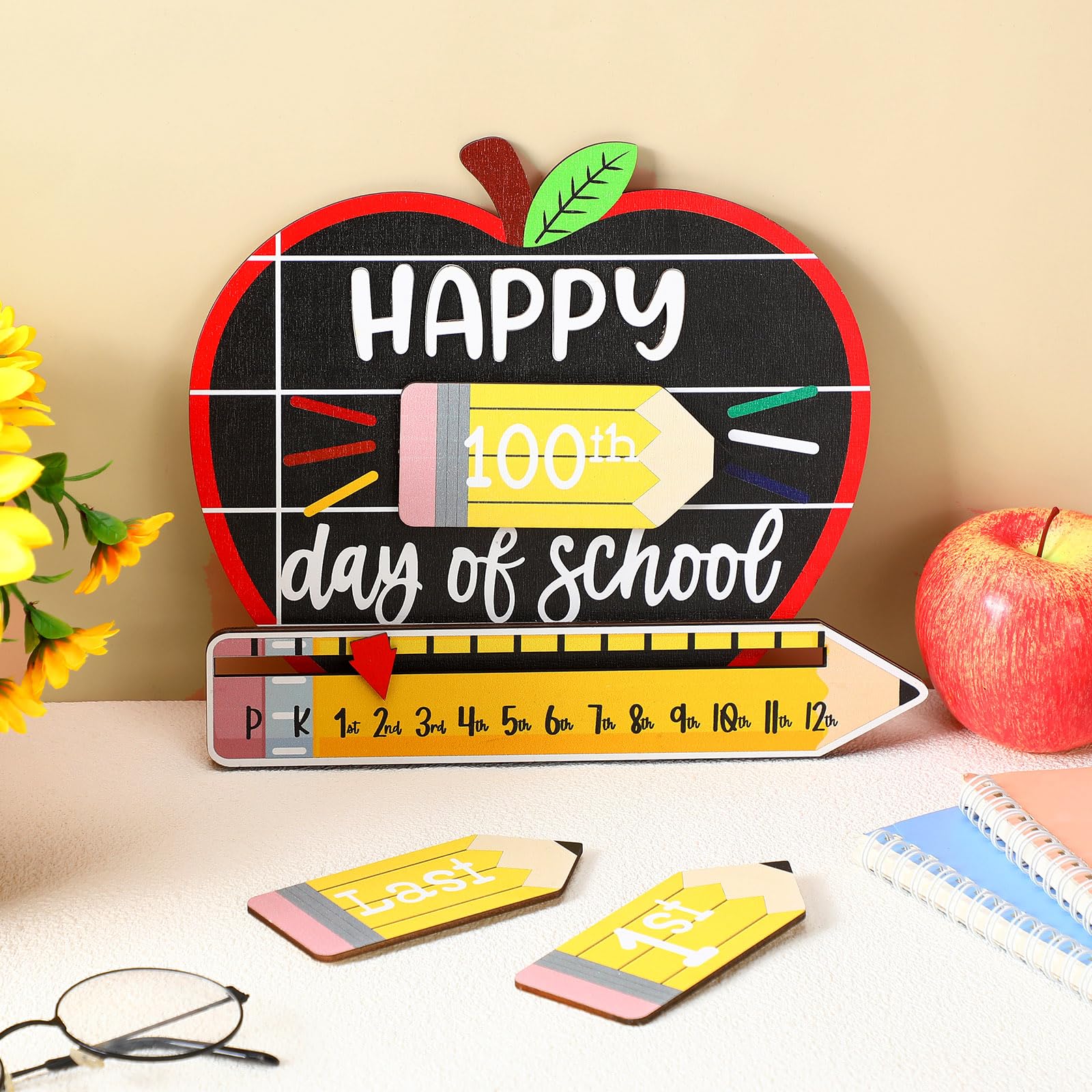 First & Last Day of School Sign Reusable Dry Erase 8" - Back to School Board Gifts Wooden Pencil Style, Cute Pencil Bow Notebook Design for Pre-K Kindergarten Photo Props First Day Last Day Traditions Teachers Parents Essentials Class of 2026