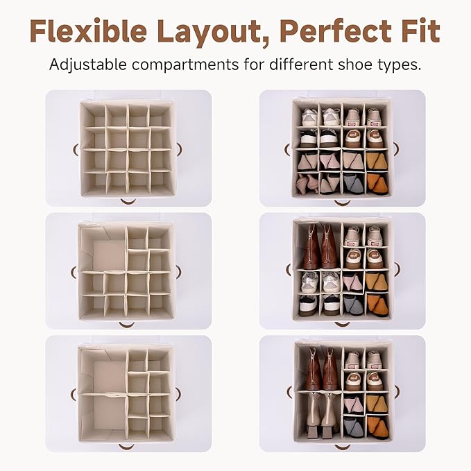 Shoe Storage Box Organizer with Adjustable Dividers, Transparent Cover, Handles on 3 Sides, Beige, 17x17x12.5 Inches