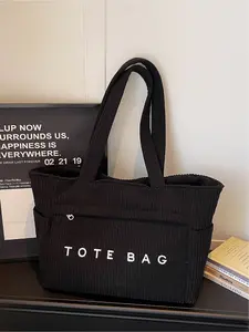 Versatile Striped Solid Color Large Capacity Tote Bag, Simple Letter Embroidery Design Shoulder Commuter Bag, Stylish Daily Use Handbag, Casual Trendy Bag, Minimalist Tote Bag
