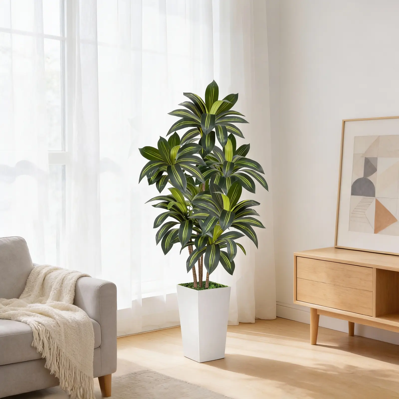 5FT/6FT Artificial Dracaena Tree with White Planter — 60-Inch Tall Realistic Faux Potted Plant for Indoor & Outdoor Home, Office & Living Room Decor