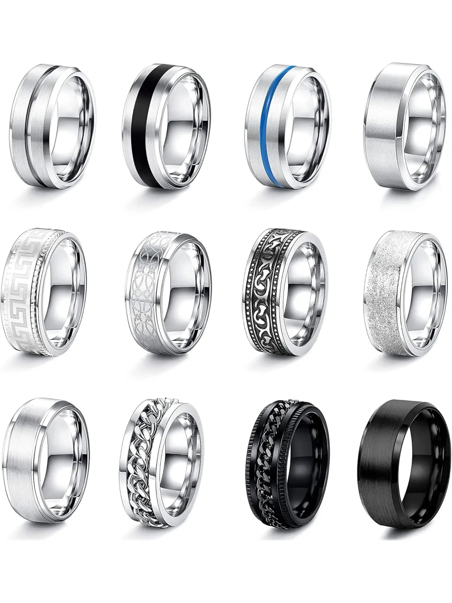 12 Pieces Men's Rings Stainless Steel Polished Silver Celtic Knot Vintage Viking Rings Black Chain Gothic Rings Set Friendship Engagement Rings for Men Stacking Rings Fashion Rings Unique Rings Stackable Rings