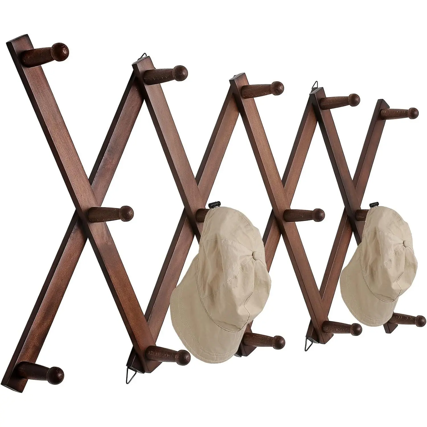 16 inch High Accordion Wall Hanger with 14 Hooks, Wooden Wall Expandable Coat Rack for Coat, Hats, Baseball Caps, Coffee Mug,