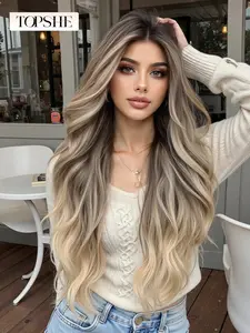 TOPSHE MONO 5.5*5 28 Inch Long Wavy Ombre Ash Blonde Balayage Wig with Dark Roots Heat Resistant Synthetic Lace Front Wig for Women Daily Wear
