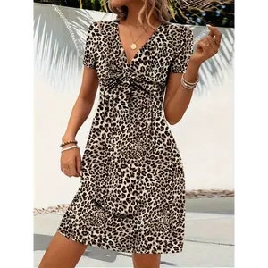 Leopard Print Twist Dress, Stylish Plunging Short Sleeve Midi Dress For Spring & Summer, Women's Clothing