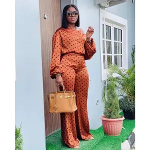 Womens Fall Loose 2 Piece Outfits Off Shoulder Printed Long Sleeve Casual Going Out Wide Leg Pants Set