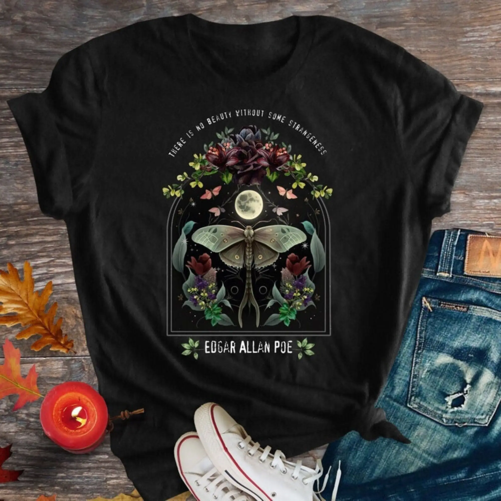 Edgar Allen Poe T-shirt, dark academia bookish night garden fairycore gothic merch tee clothing for womens, gift for birthday Top Womenswear Piece