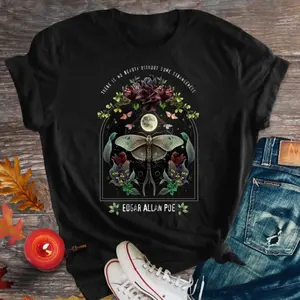 Edgar Allen Poe T-shirt, dark academia bookish night garden fairycore gothic merch tee clothing for womens, gift for birthday Top Womenswear Piece