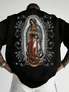 1 Piece Men‘s Virgin Of Guadalupe Geometric Graphic Tee, Vintage Streetwear Style with Unique Print and Breathable, Cool Fitted Top for Parties and Casual Wear