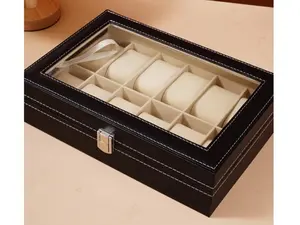 "Premium 12-Slot Leather Watch Box for Men - Glass Top Display Case with Lock"