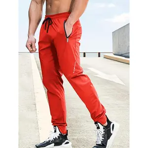 Men's Lightweight Red Joggers with Zipper Pockets - Casual Sports Pants, Elastic Waistband, Polyester Blend, Ideal for Running & Outdoor Activities, Jogging Pants