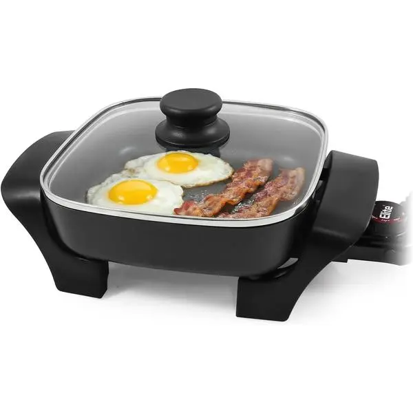 Elite Gourmet EG808 Compact Non-Stick Electric Skillet, 8"x8" 2.5Qt, Black Tempered Glass Lid, Removable Thermostat, 200-400°F Range, Dishwasher Safe, 600W, for Eggs, Bacon & One-Pot Meals