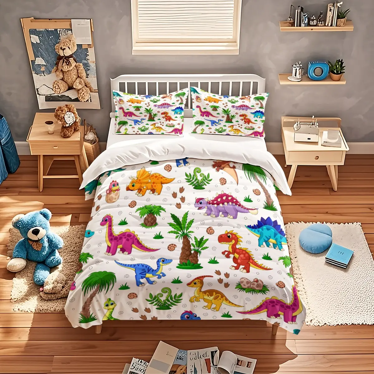 2D Print Dinosaur Pattern Bedding Set, Theme Bedding Set, Soft Bedding Sets, Bedsheet Sets, Soft Breathable Polyester Fabric, All-Season Use, Includes 1 Fitted Sheet + 2 Pillowcases