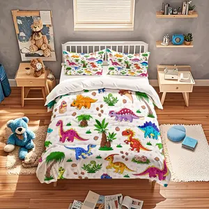 2D Print Dinosaur Pattern Bedding Set, Soft Bedding Sets, Soft Breathable Polyester Fabric, All-Season Use, Includes 1 Fitted Sheet + 2 Pillowcases
