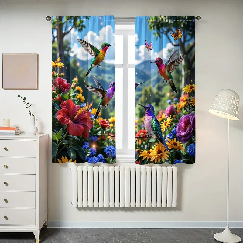 2-piece set - Hummingbird Garden - Printed semi-transparent curtains, rod bag curtains, suitable for living room, bedroom and home decoration. Hand washable, hookless