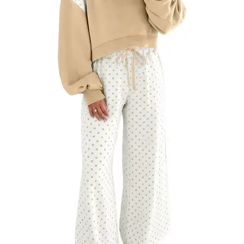 Women's Polka Dot 2-Piece Pants Set - Colorblock Long Sleeve Cropped Sweatshirt & Wide Leg Drawstring Pants, Casual Lounge Outfit, Matching 2-Piece Sets for Women's Everyday Wear, Women 2 Piece Sets