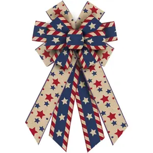 Large Patriotic Wreath Bows, Memorial Day Bows for Wreath Labor Day Burlap Star Bows for Front Door, Red Blue White Stripe Patriotic Tree Topper Bow for 4th of July Indoor Outdoor Decor