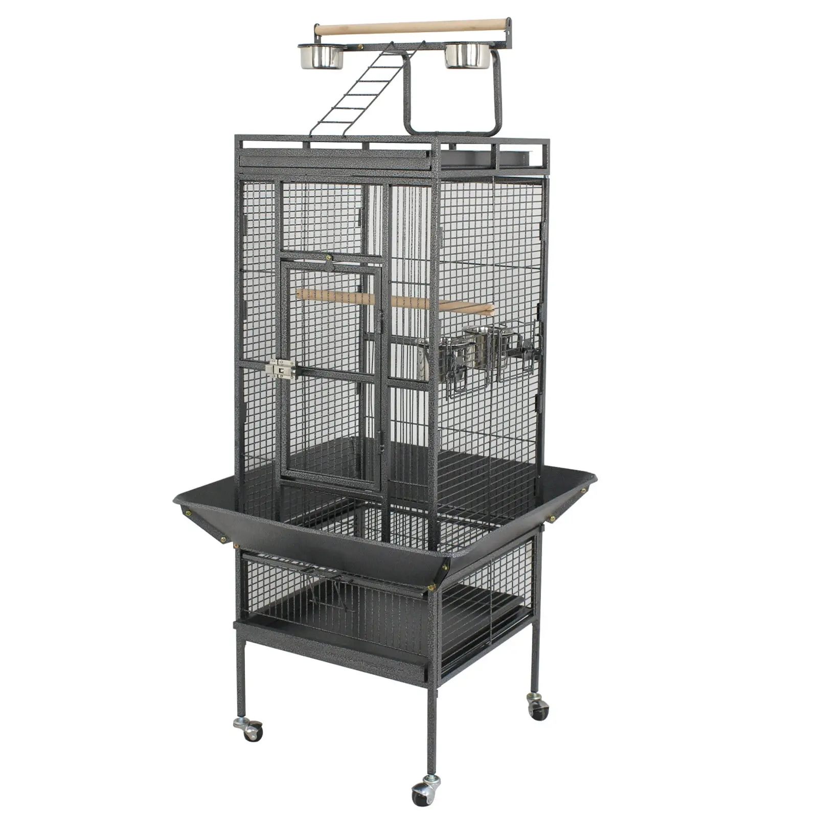 Pet Republic 61-in 2-in-1 Durable Wrought Iron Parrot Cage - Play Top, Rolling Stand, Feeding Set, Black Frame, Bird Supplies