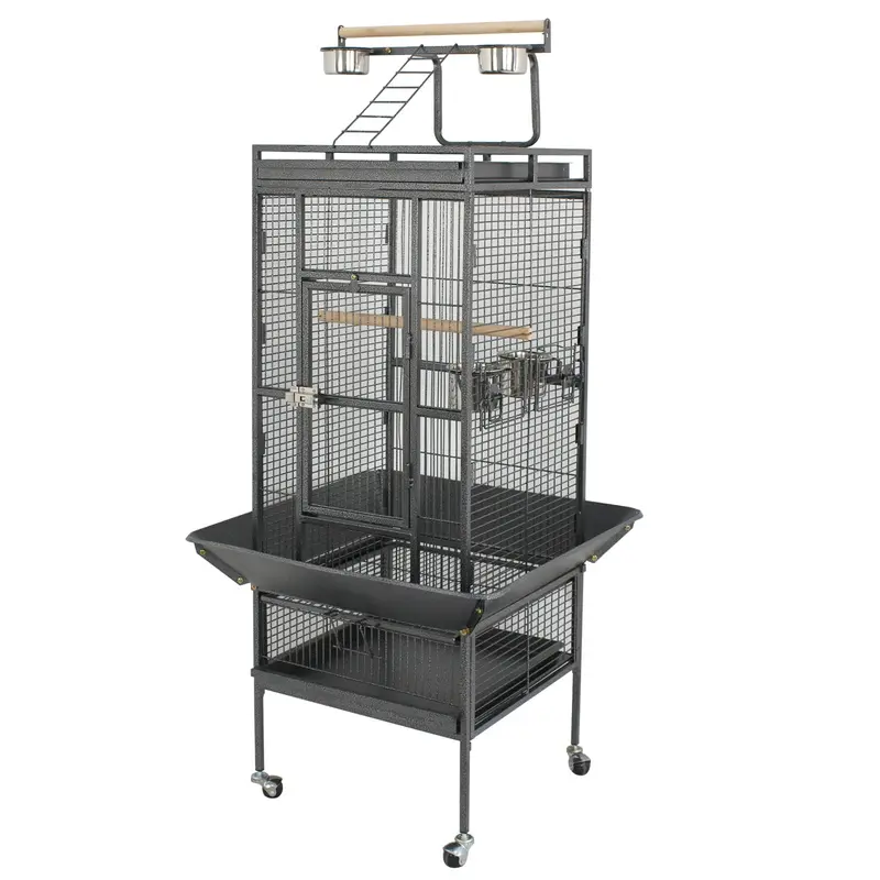 Pet Republic 61-in Bite-Resist Iron Bird Cage - 2-in-1 Design, Play Top, Rolling Stand, 4 Hanging Bowls Simplify Meal Time, 0.6" Hardwood Perch, Mesh Tray Guard, Lock-Secured Black Frame, Feeding Access, 25.4'' L x 25.4'' W x 61'' H Parakeet Cage Supplies