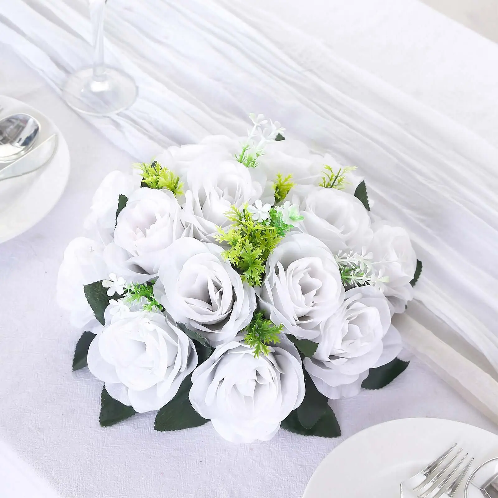2-Pack White 15-Head Silk Rose Kissing Balls, 10-Inch Artificial Flower Bouquets for Centerpieces, 2-Pack for Tables, Ideal for Anniversary Home Decor