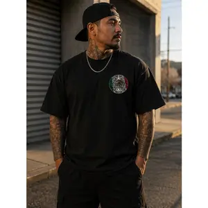 Men's Short-Sleeve Round Neck Aztec Warrior Calendar Streetwear T-Shirt - Bold Mexican Flag Design, Skull Accent, Casual Menswear Top, Shortsleeve