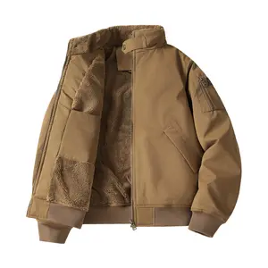 Men's Thick Jacket, Winter Fleece Lined Warm Coat, Stand Collar with Zipper Closure, Casual Men's Outerwear, Suitable for Cold Weather Beige Long Sleeve