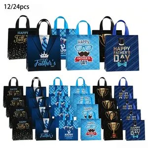 12/24 Pcs Fathers Day Party Gift Bags with Handles Dad Treat Goodie Present Boxes Blue Black Party Supplies for Dads Men Anniversary Birthday Decor