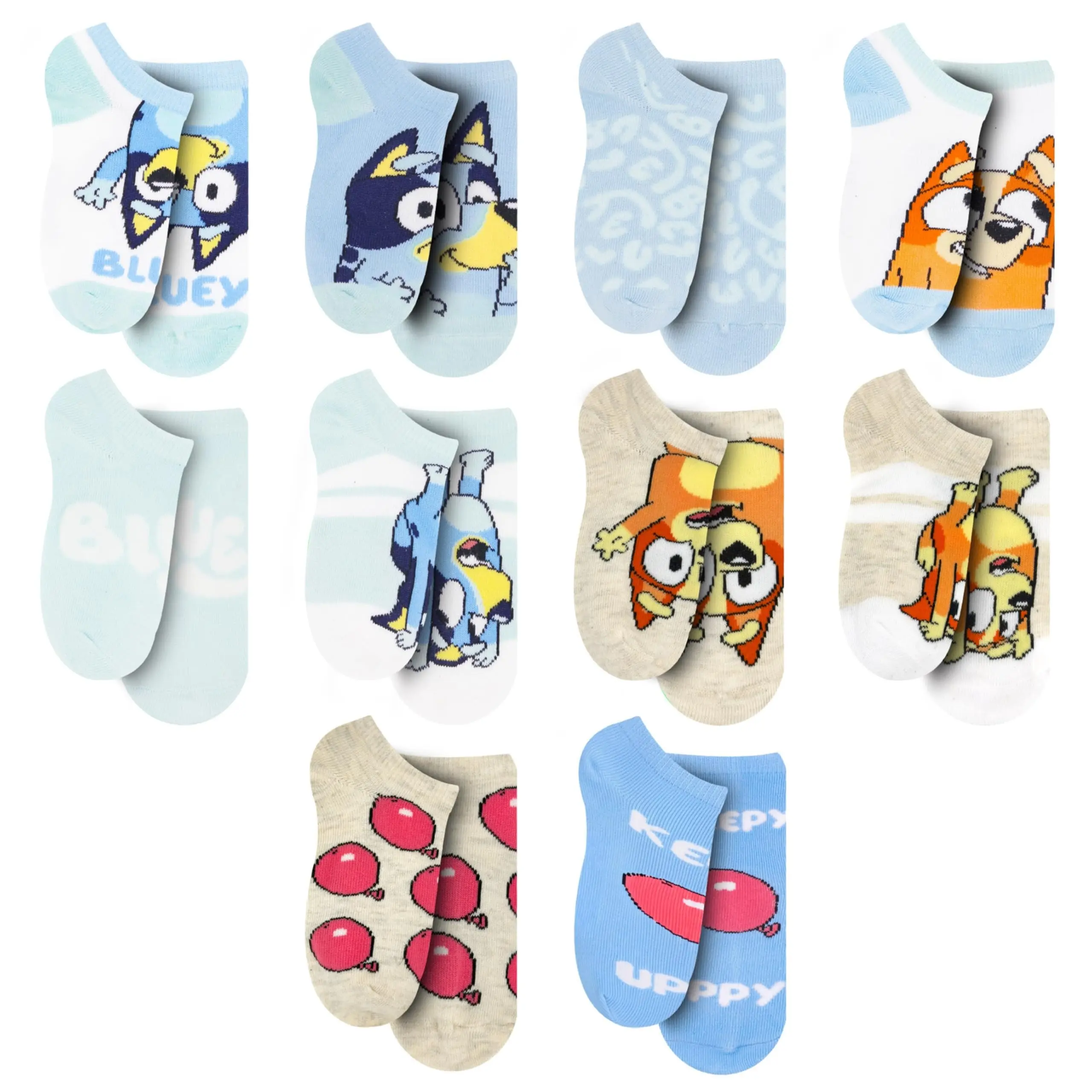 Disney Bluey and Bingo Kids' Ankle Socks, 10-Pack, Soft Stretch Low-Cut Cartoon Prints for Boys & Girls, Size 4-6